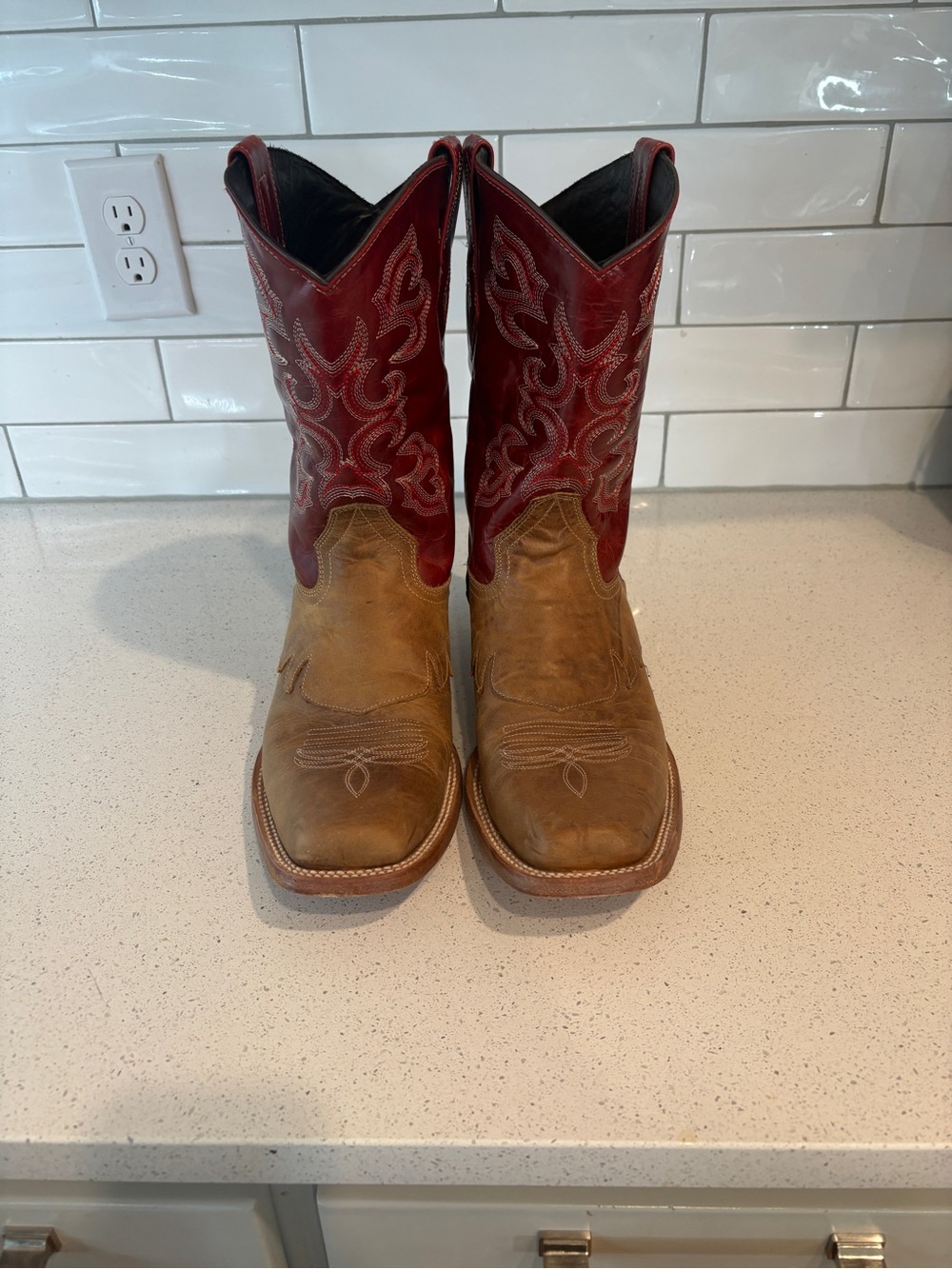 J.B. Dillon Two-Tone Cowboy Boots in Red Shaft and Brown Foot